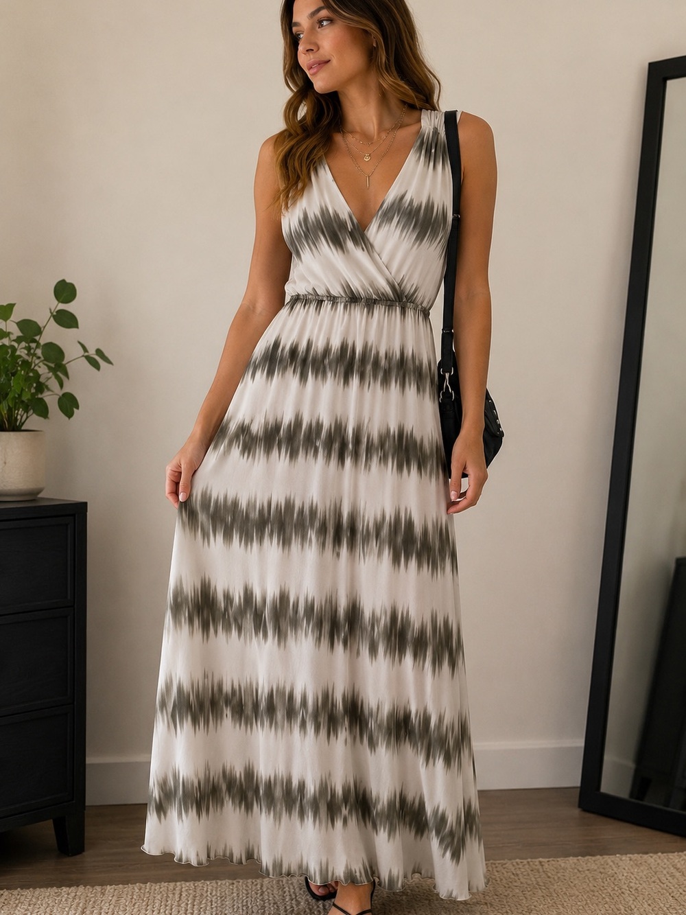 Tribal Olive and Cream Tie-Dye V-Neck Maxi Dress